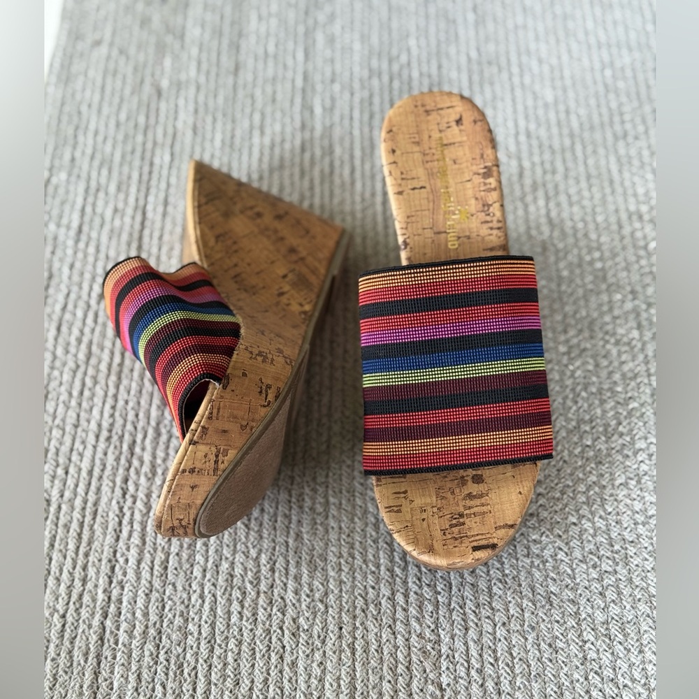 Vintage Y2K Montego Bay Club Black Multicolor Stripe Platform Cork Wedges Sz 7.5